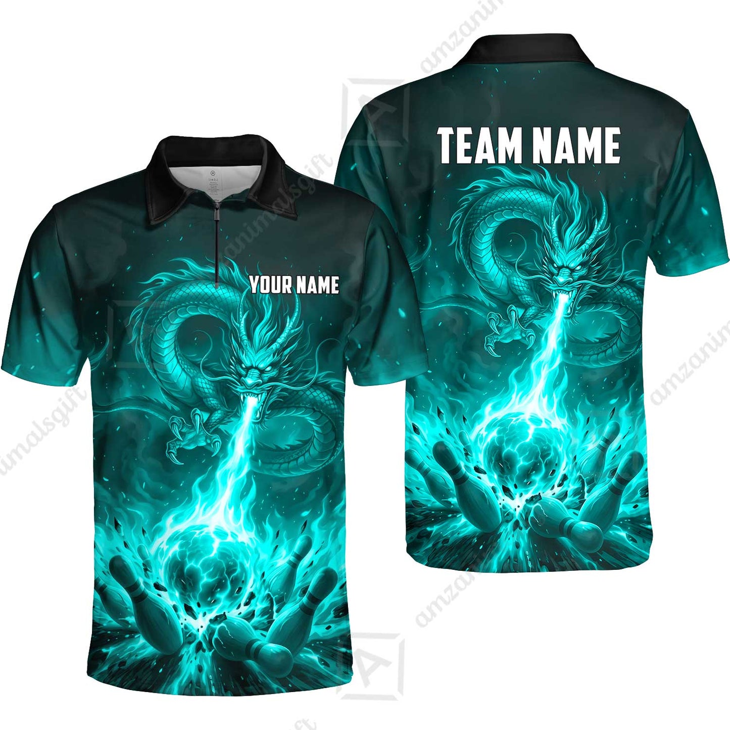Custom Bowling Jersey Polo Shirt, Asian Dragon's Fire Strike, Custom Bowling Jersey Team Shirt For Players With Name & Team Name