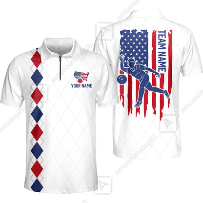 Custom Bowling Jersey Polo Shirt, Patriotic Argyle USA Flag Bowler, Custom Bowling Jersey Team Shirt For Players With Name & Team Name