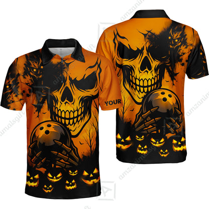 Custom Bowling Jersey Polo Shirt, Pumpkins Skull Halloween, Custom Bowling Jersey Team Shirt For Players With Name & Team Name