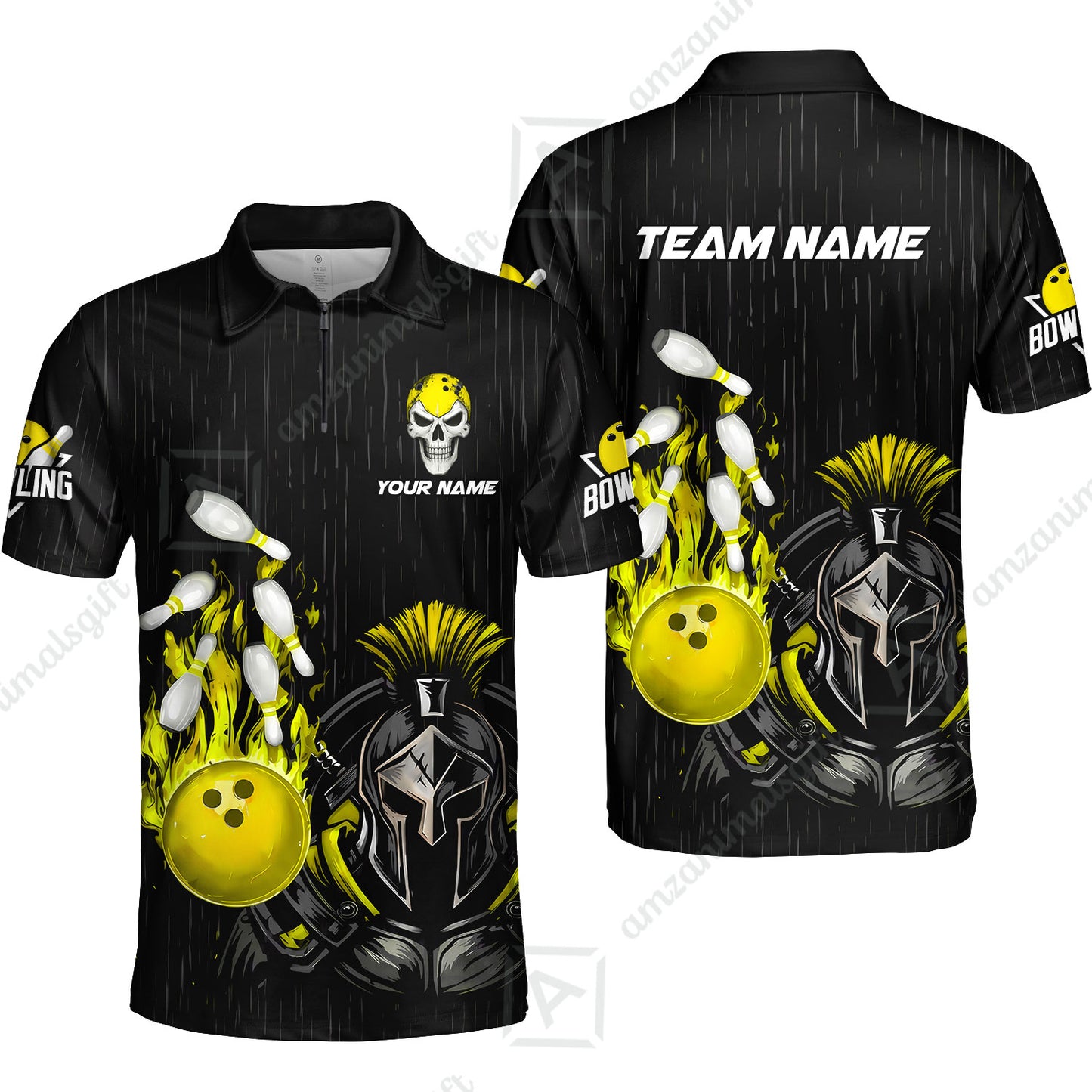 Custom Bowling Jersey Polo Shirt, Fire Bowling Knight Rain Skull Logo, Personalize Name & Team Name
