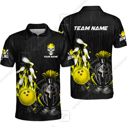 Custom Bowling Jersey Polo Shirt, Fire Bowling Knight Rain Skull Logo, Personalize Name & Team Name
