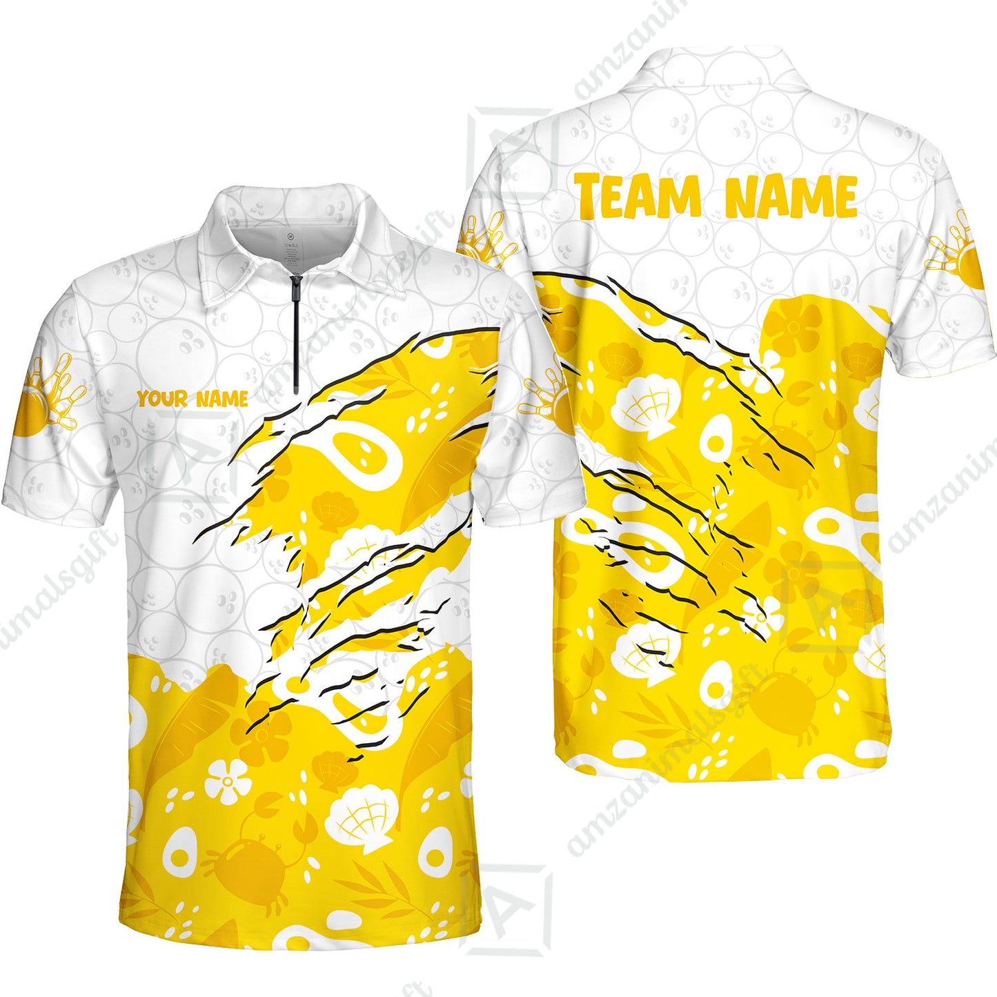 Custom Bowling Jersey Polo Shirt, Pattern Crab Half Crenate Ark Flower Glass, Personalize Name and Team Name