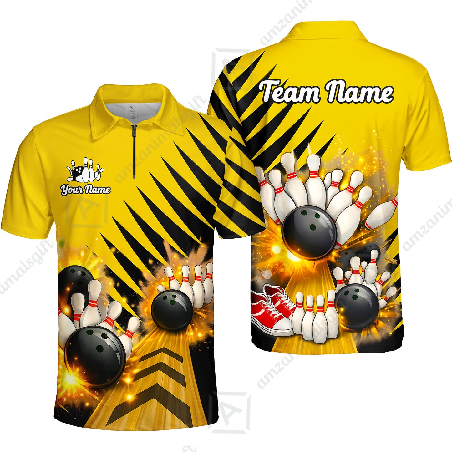 Custom Bowling Quarter Zip Polo Shirt, Yellow Bowling, Custom Bowling Quarter Zip Team Shirt For Players With Name & Team Name