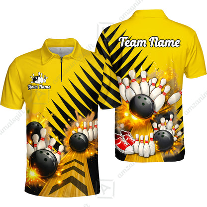 Custom Bowling Quarter Zip Polo Shirt, Yellow Bowling, Custom Bowling Quarter Zip Team Shirt For Players With Name & Team Name