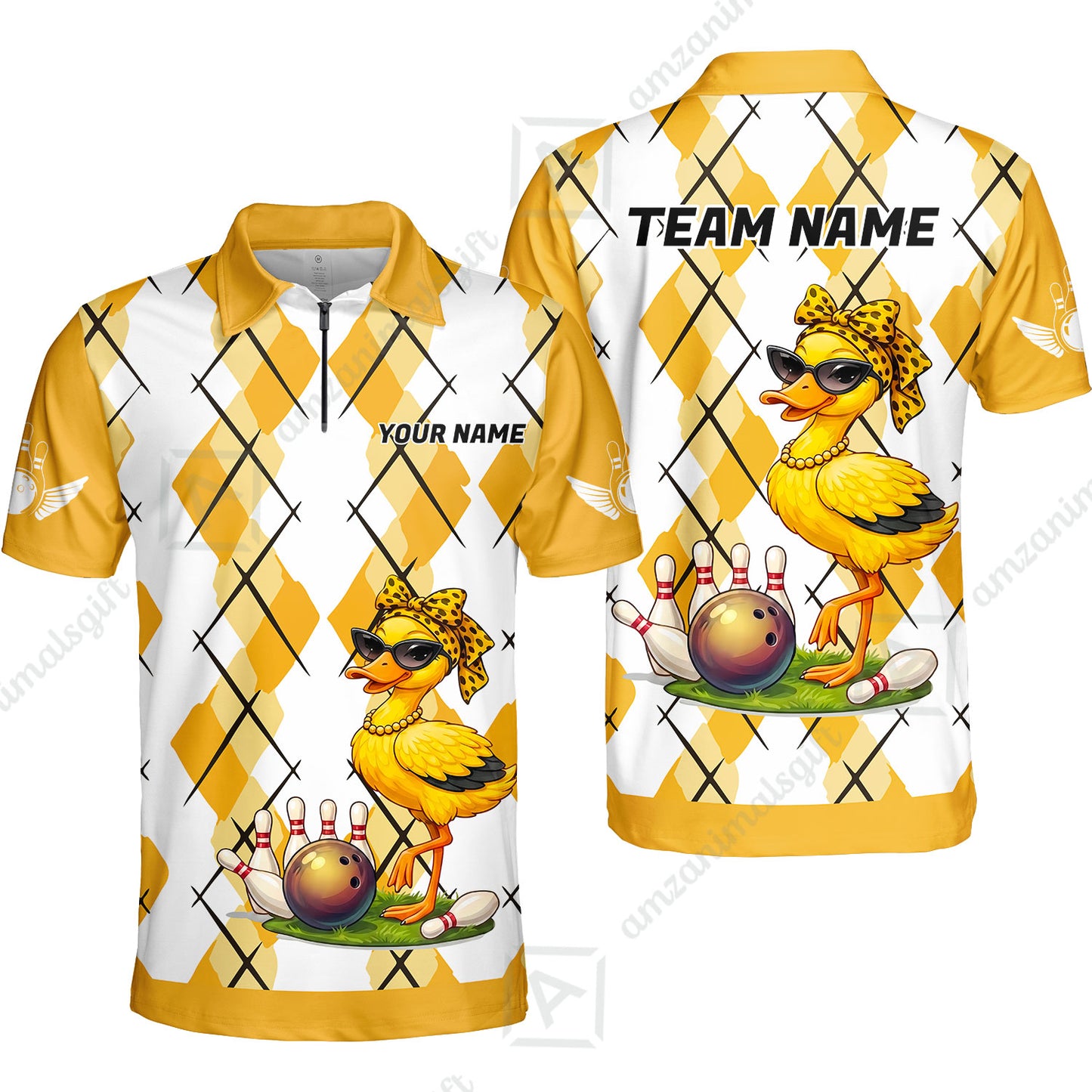 Custom Bowling Jersey Polo Shirt, Sassy Diva Duckling Argyle, Custom Bowling Jersey Team Shirt For Players With Name and Team Name
