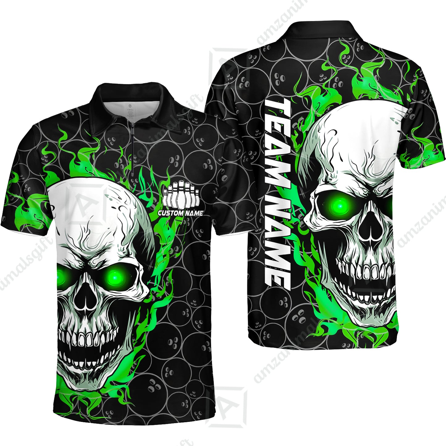 Personalized Bowling Unisex Polo Shirt, Green Flaming Skull Shirt For For Team Men Women Bowlers