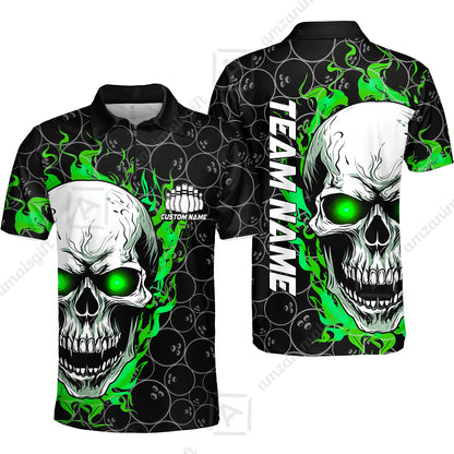 Personalized Bowling Unisex Polo Shirt, Green Flaming Skull Shirt For For Team Men Women Bowlers