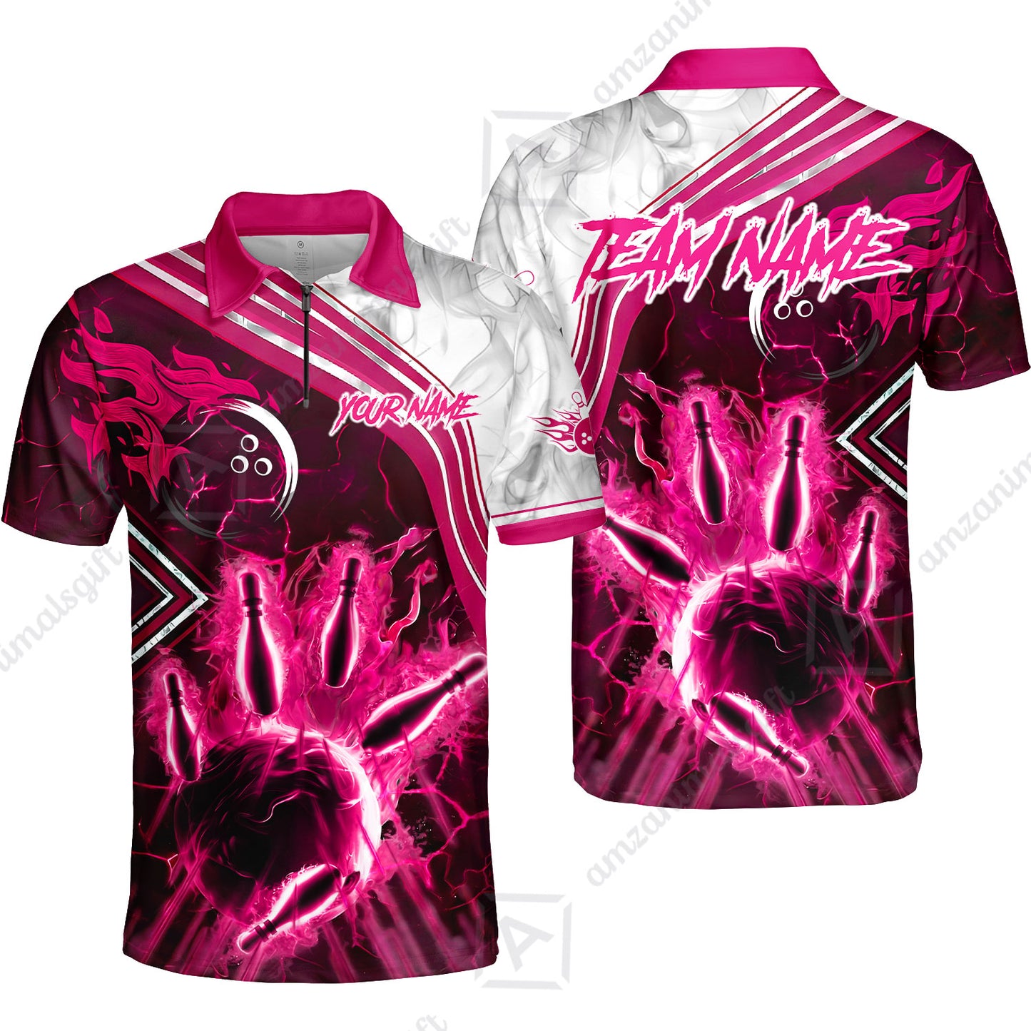 Customized Bowling Unisex Polo Shirt, Fire & Smoke Bowling Pins, Bowling Uniform - Personalized Name And Team Name