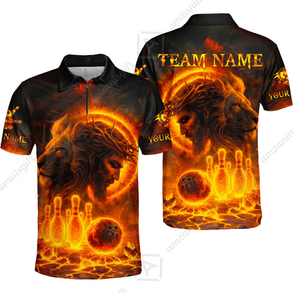 Custom Bowling Team Short Sleeve Men Polo Shirt, Flame The Lion OF Judah With Bowling, Custom Name and Team Name for Bowlers