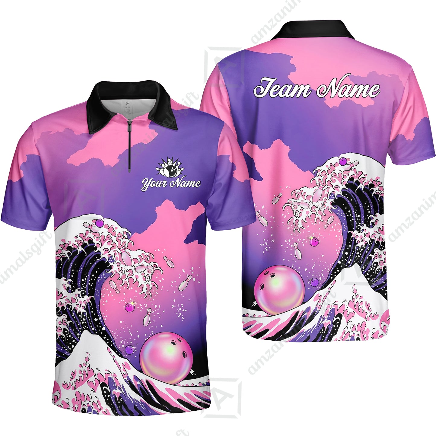 Custom Bowling Polo Shirt, Ocean Wave Bowling, Custom Bowling Polo Team Shirt For Players With Name & Team Name
