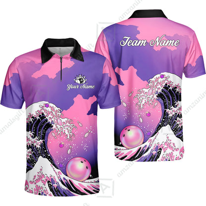 Custom Bowling Polo Shirt, Ocean Wave Bowling, Custom Bowling Polo Team Shirt For Players With Name & Team Name