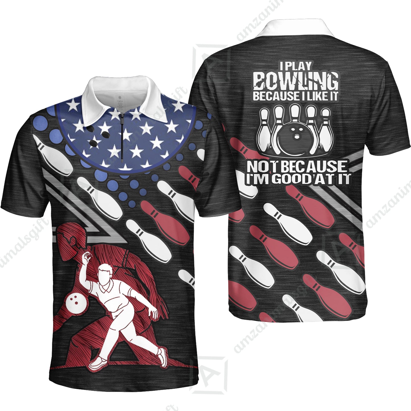 Customized Bowling Polo Shirt - I Play Bowling Because I Like It , American Flag Bowling Team Jersey Polo Shirts - Bowling Team Uniforms Jerseys