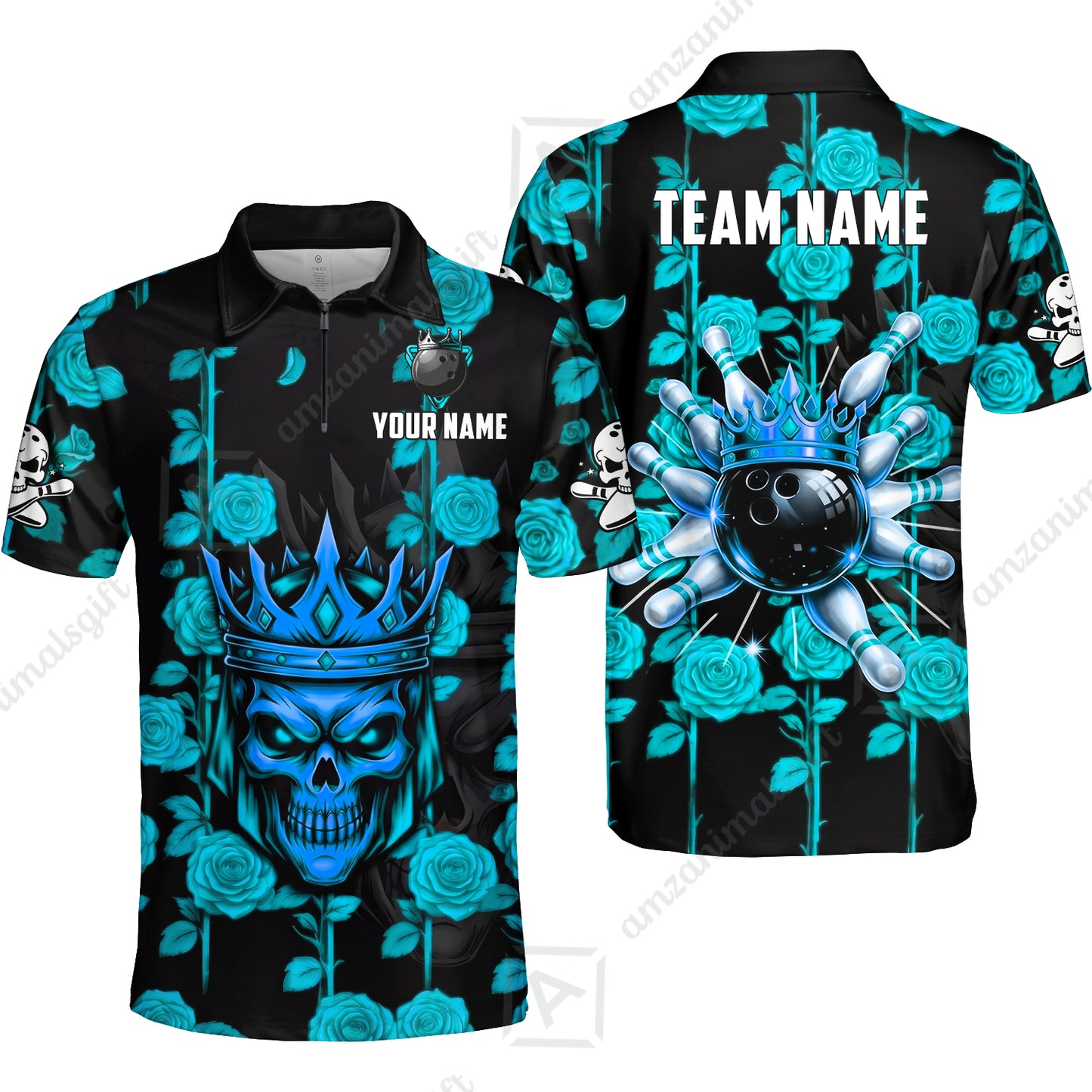 Custom Bowling Jersey Polo Shirt, Royal Skull Bowling, Custom Bowling Jersey Team Shirt For Players With Name & Team Name