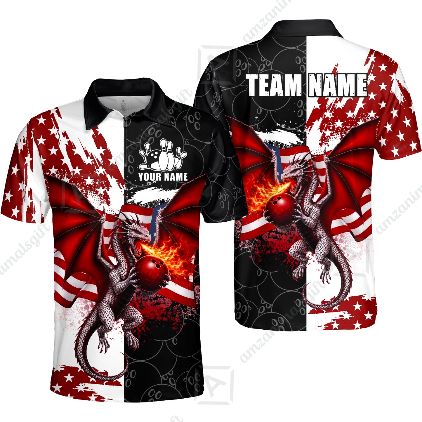 Custom Bowling Jersey Polo Shirt, Patriotic Fire Dragon Split Contrast, Custom Bowling Jersey Team Shirt For Players With Name and Team Name