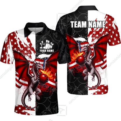 Custom Bowling Jersey Polo Shirt, Patriotic Fire Dragon Split Contrast, Custom Bowling Jersey Team Shirt For Players With Name and Team Name