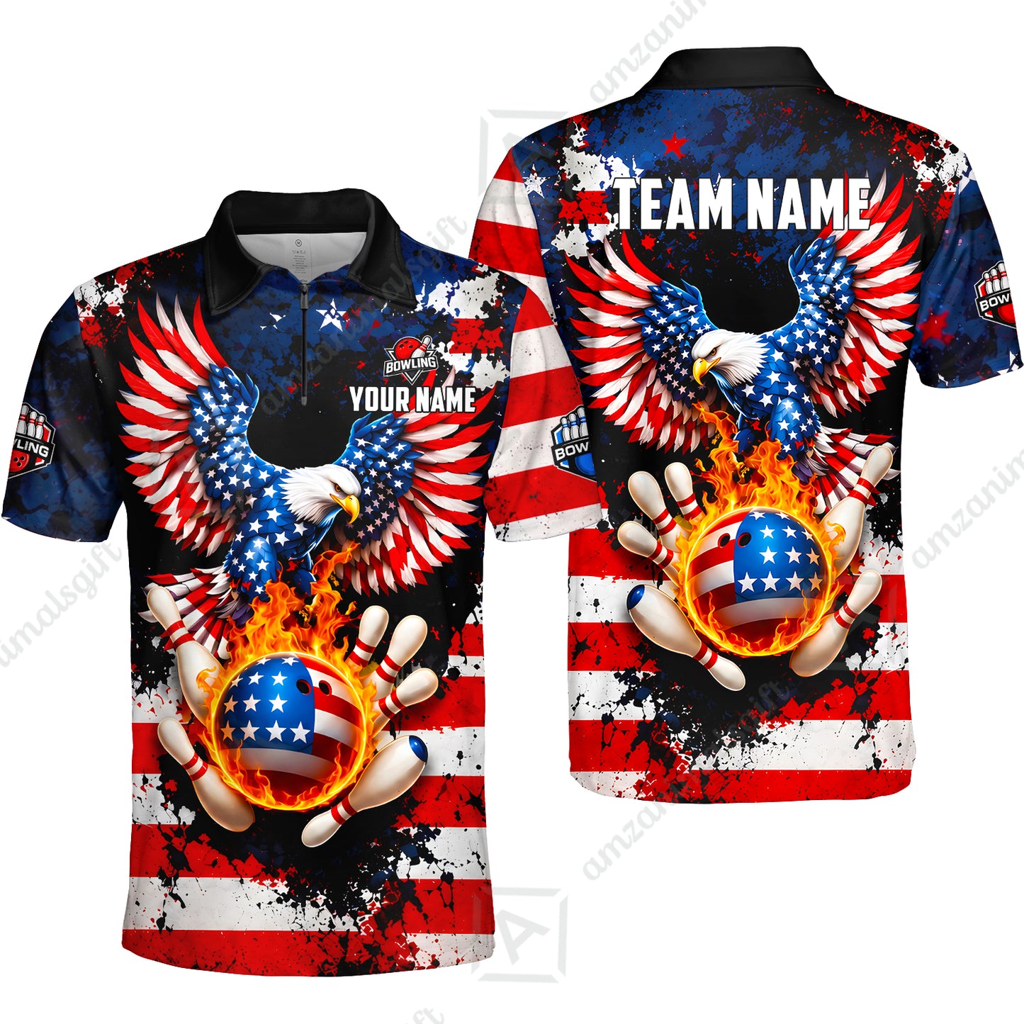 Customized USA Bald Eagle Fire Ball Bowling Jersey, Custom Name And Team Name For Bowlers