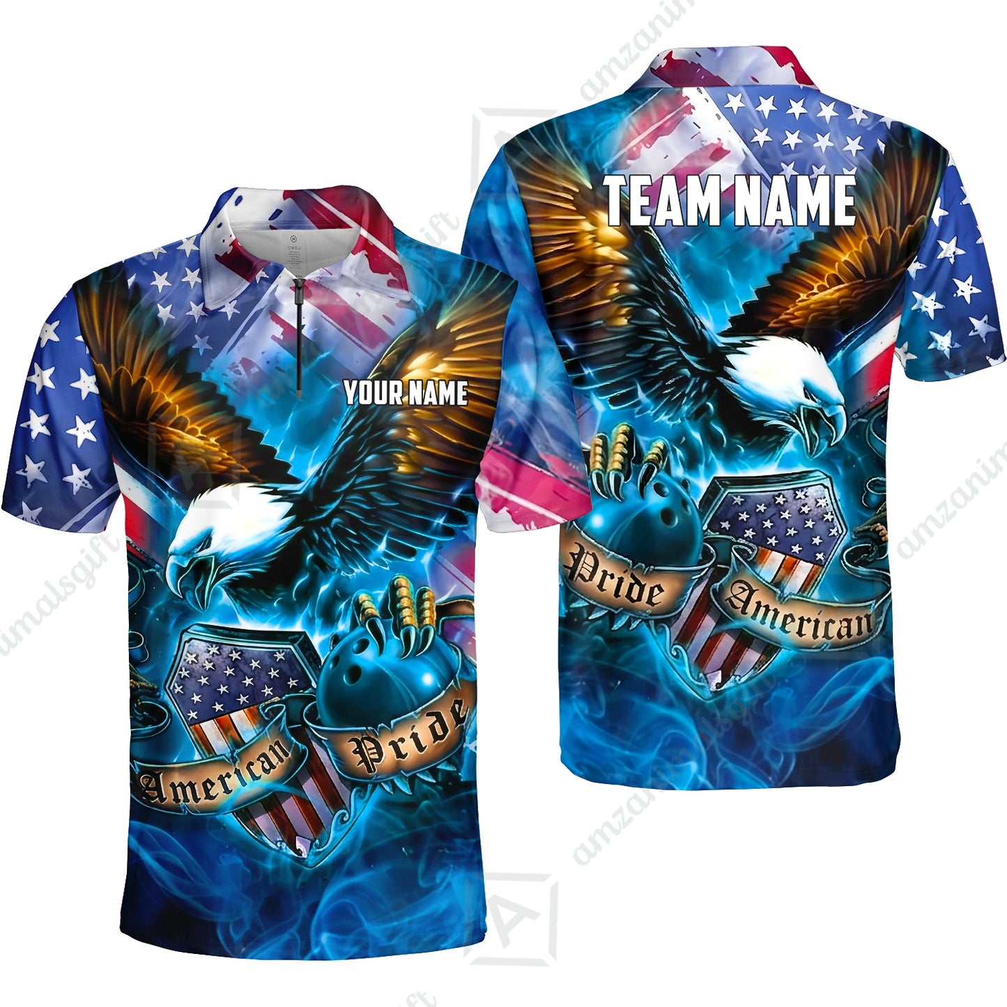 Custom Bowling Jersey Polo Shirt, American Pride Eagle, Personalized Name & Team Name