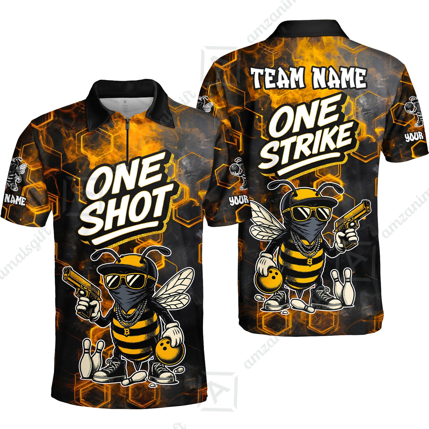 Customized Bowling Unisex Polo Shirt, One Shot HipHop Bee Bowling, Bowling Uniform - Personalized Name And Team Name