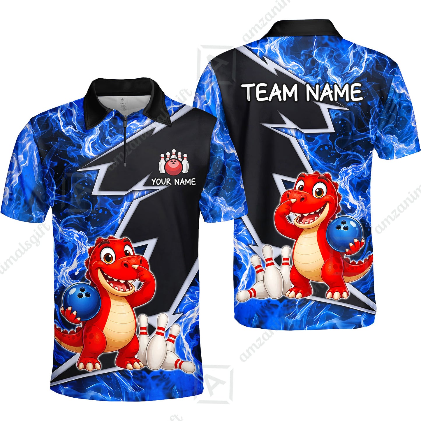 Custom Bowling Jersey Polo Shirt, Fire Lightning Dino Strike, Custom Bowling Jersey Team Shirt For Players With Name and Team Name