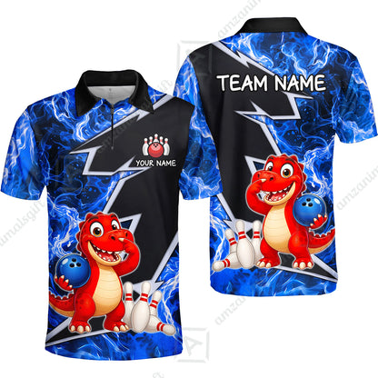 Custom Bowling Jersey Polo Shirt, Fire Lightning Dino Strike, Custom Bowling Jersey Team Shirt For Players With Name and Team Name