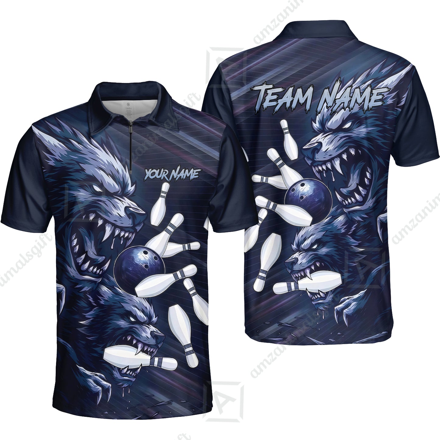 Custom Bowling Jersey Polo Shirt, Wolf Biting Bowling Pin Custom Bowling Jersey Team Shirt For Players With Name & Team Name