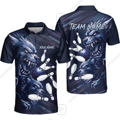 Custom Bowling Jersey Polo Shirt, Wolf Biting Bowling Pin Custom Bowling Jersey Team Shirt For Players With Name & Team Name