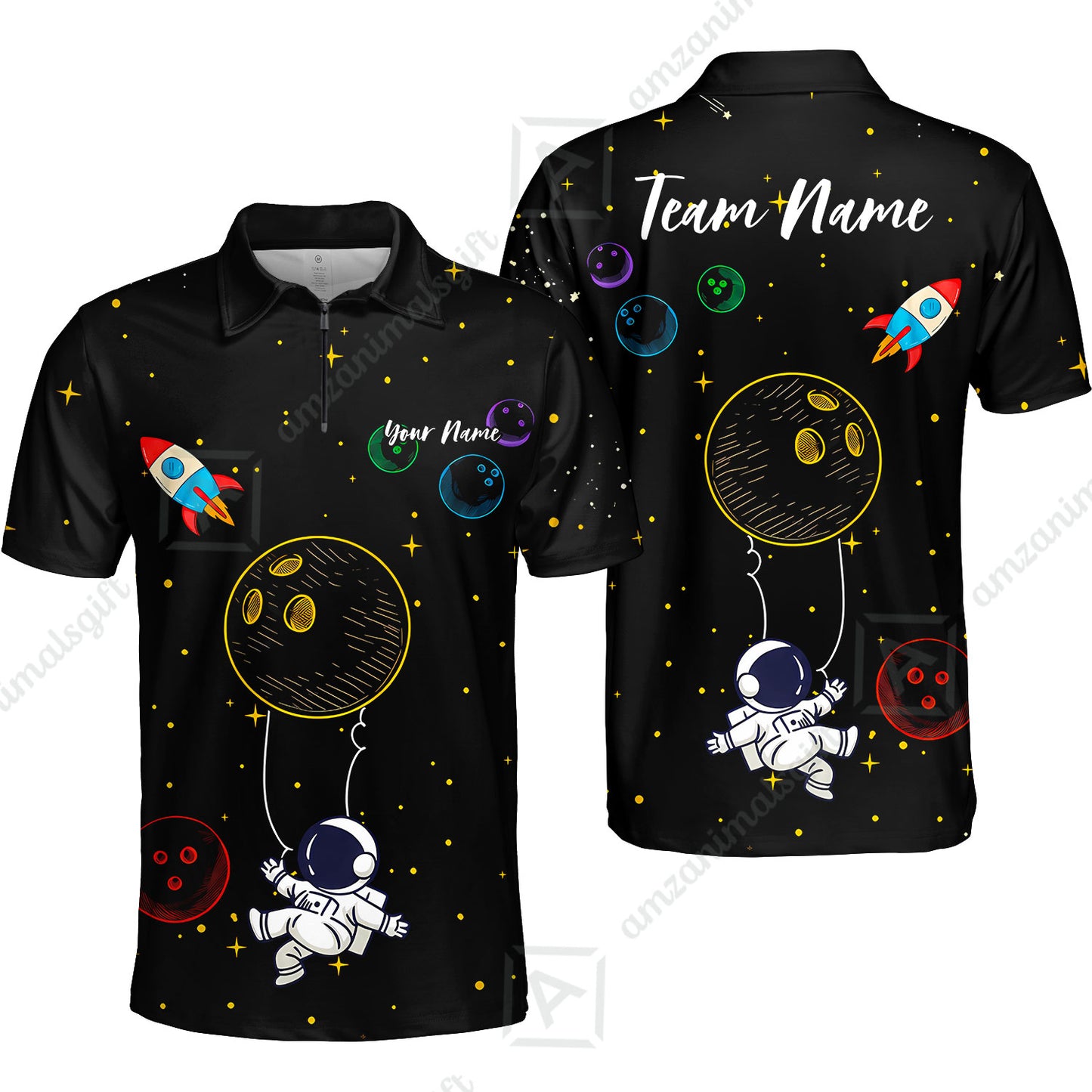 Custom Bowling Jersey Polo Shirt, Spaceman Bowling Galaxy, Custom Bowling Jersey Team Shirt For Players With Name and Team Name