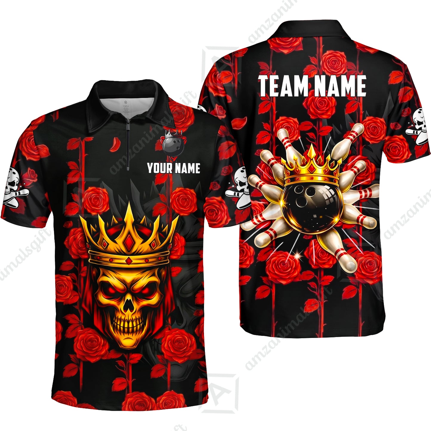 Custom Bowling Jersey Polo Shirt, Royal Skull Bowling, Custom Bowling Jersey Team Shirt For Players With Name & Team Name