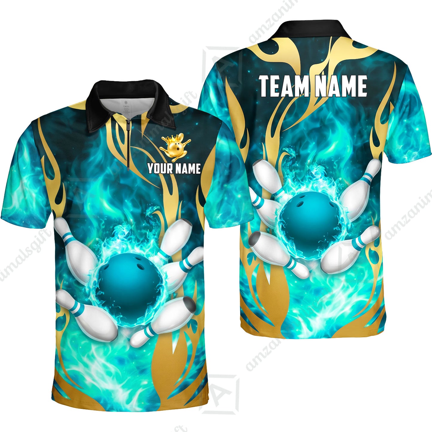 Custom Bowling Jersey Polo Shirt, Abyssal Fire & Golden Flames, Custom Bowling Jersey Team Shirt For Players With Name & Team Name