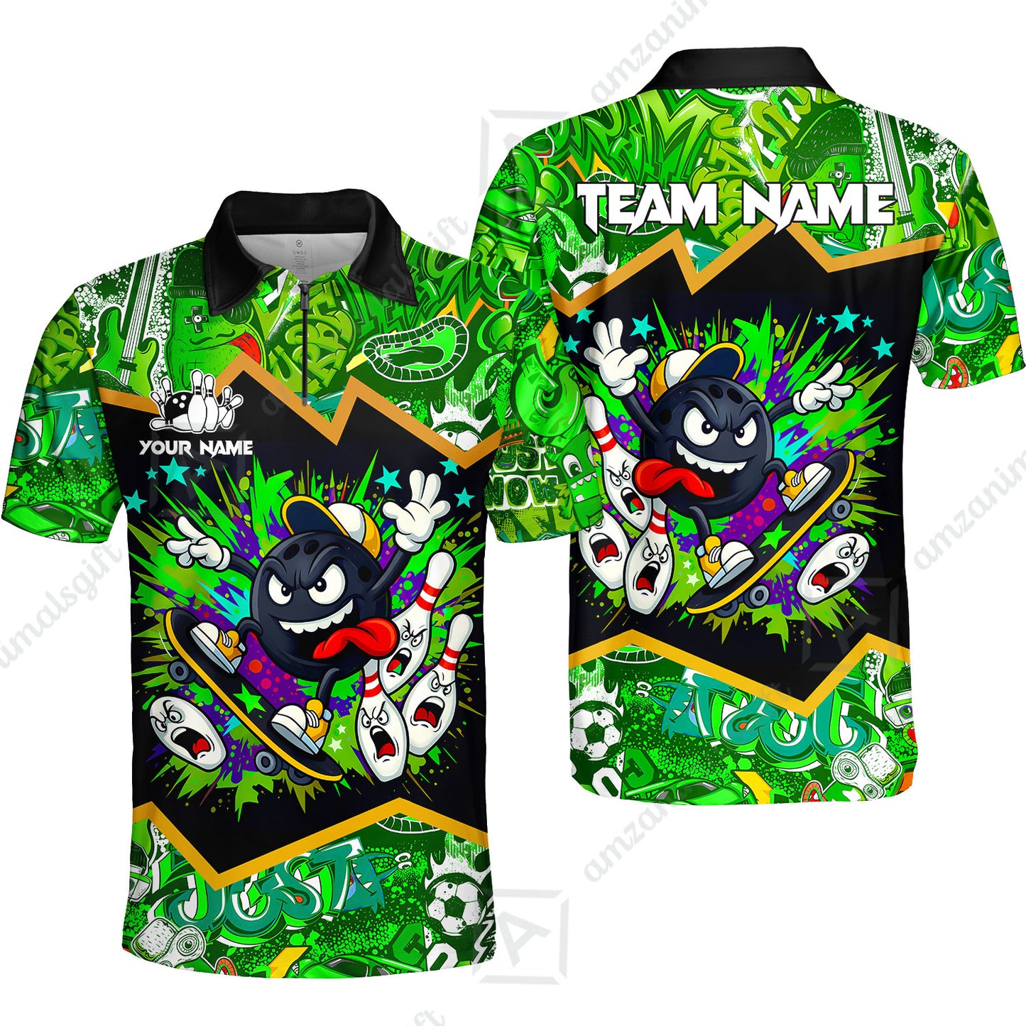 Customized Bowling Unisex Polo Shirt, Skater Bowling Ball Attack, Bowling Uniform, Personalized Name And Team Name