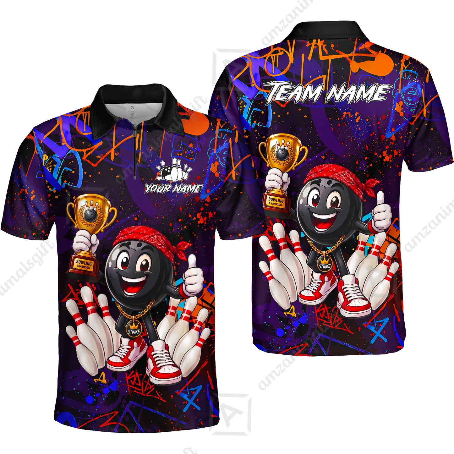 Custom Bowling Jersey Polo Shirt, Graffiti Champion, Custom Bowling Jersey Team Shirt For Players With Name & Team Name