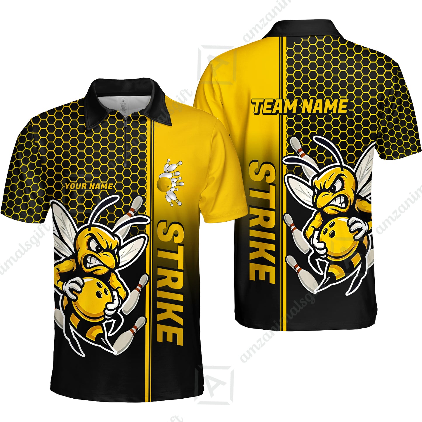 Custom Bowling Team Jersey, Bowling Honeycomb Angry Bee Strike Polo Quarter-Zip Shirts, Bowling Uniforms Jerseys, Personalized Name And Team Name