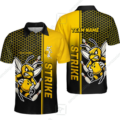 Custom Bowling Team Jersey, Bowling Honeycomb Angry Bee Strike Polo Quarter-Zip Shirts, Bowling Uniforms Jerseys, Personalized Name And Team Name
