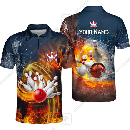 Bowling Custom Men Polo Shirt - Custom Name Red Bowl And Pins In Water And Fire Personalized Bowling Polo Shirt