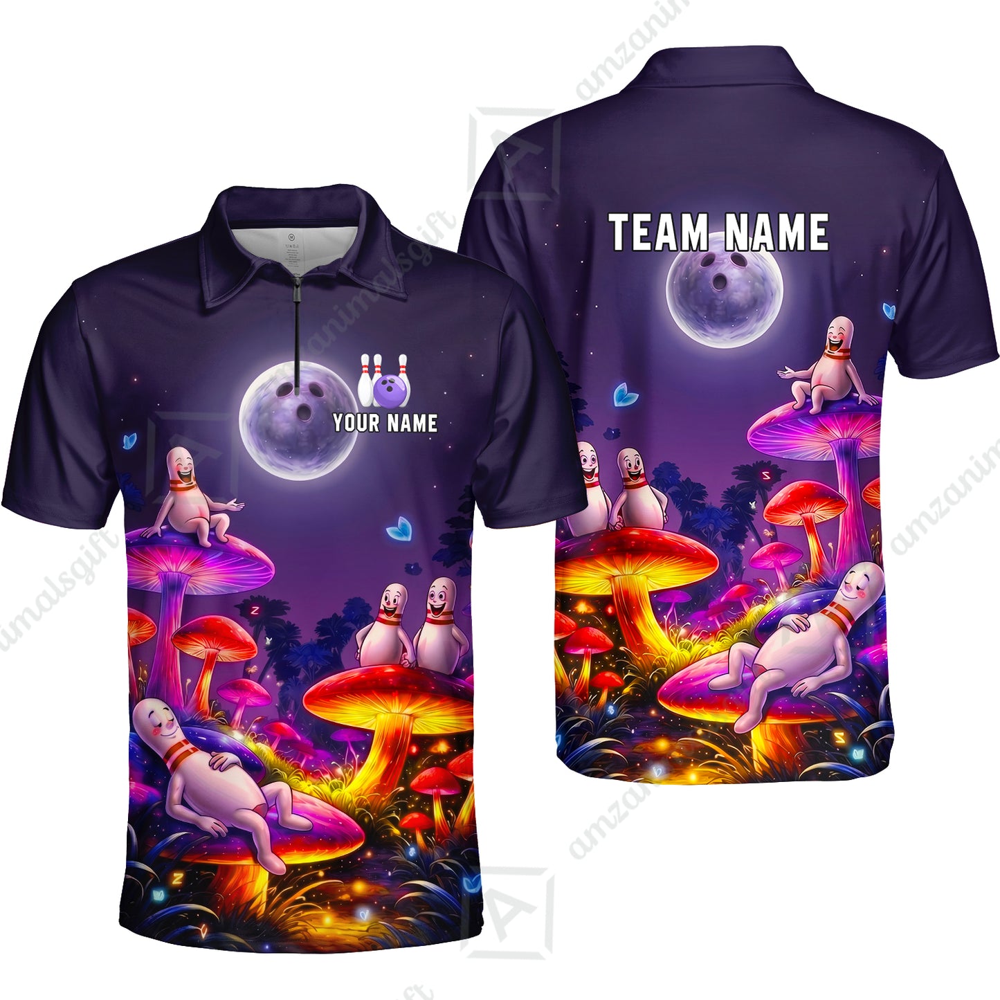 Custom Bowling Jersey Polo Shirt, Psychedelic Magic Mushroom Forest, Custom Bowling Jersey Team Shirt For Players With Name and Team Name