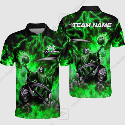 Custom Bowling Team Quarter-Zip Polo Shirt, Grim Reaper Skull With Flame Bowling Lightning Design for Bowlers, Personalized Shirt with Name and Team Name