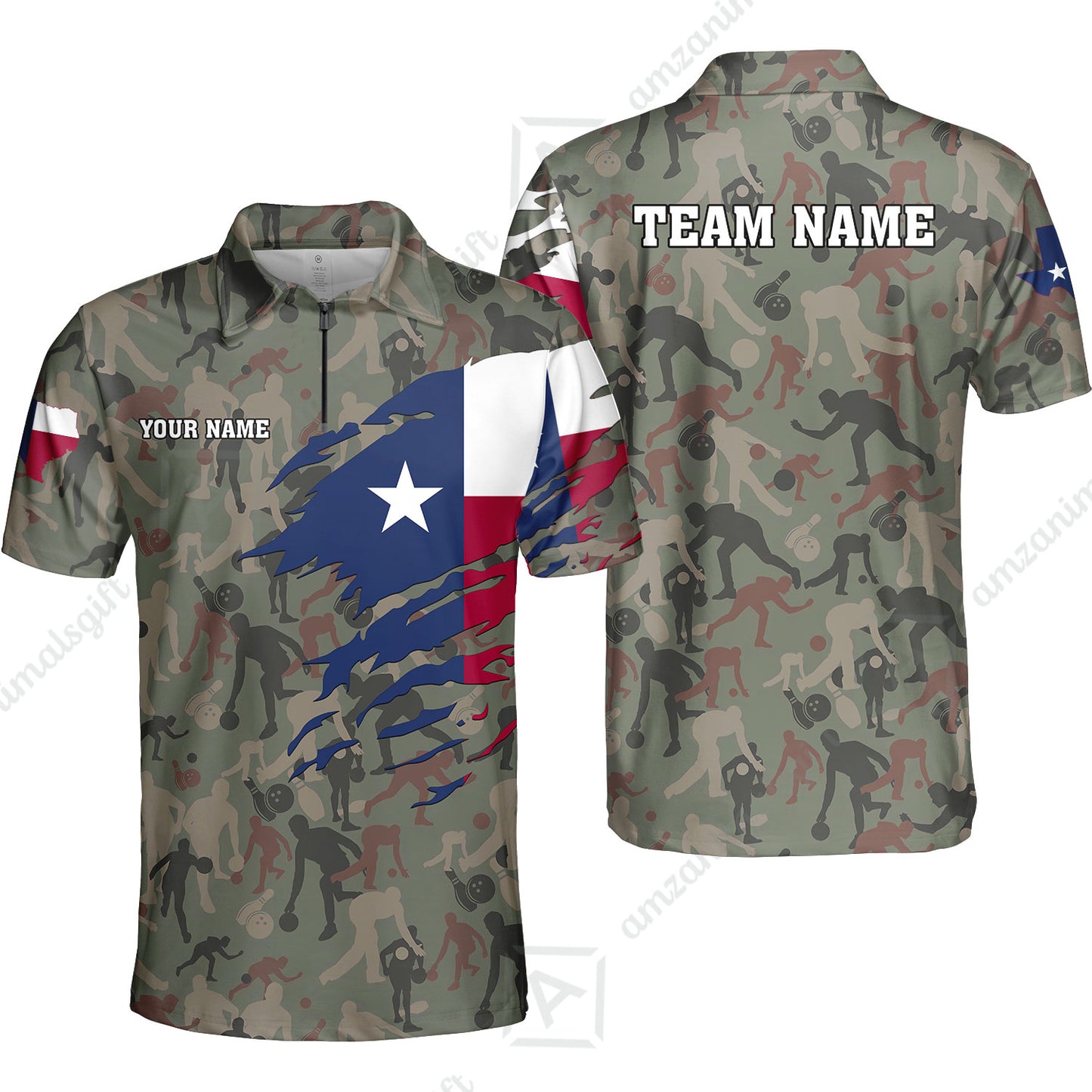Custom Bowling Jersey Polo Shirt, Texas Flag Woodland Green Camouflage, Custom Bowling Jersey Team Shirt For Players With Name and Team Name