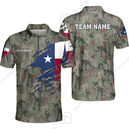 Custom Bowling Jersey Polo Shirt, Texas Flag Woodland Green Camouflage, Custom Bowling Jersey Team Shirt For Players With Name and Team Name