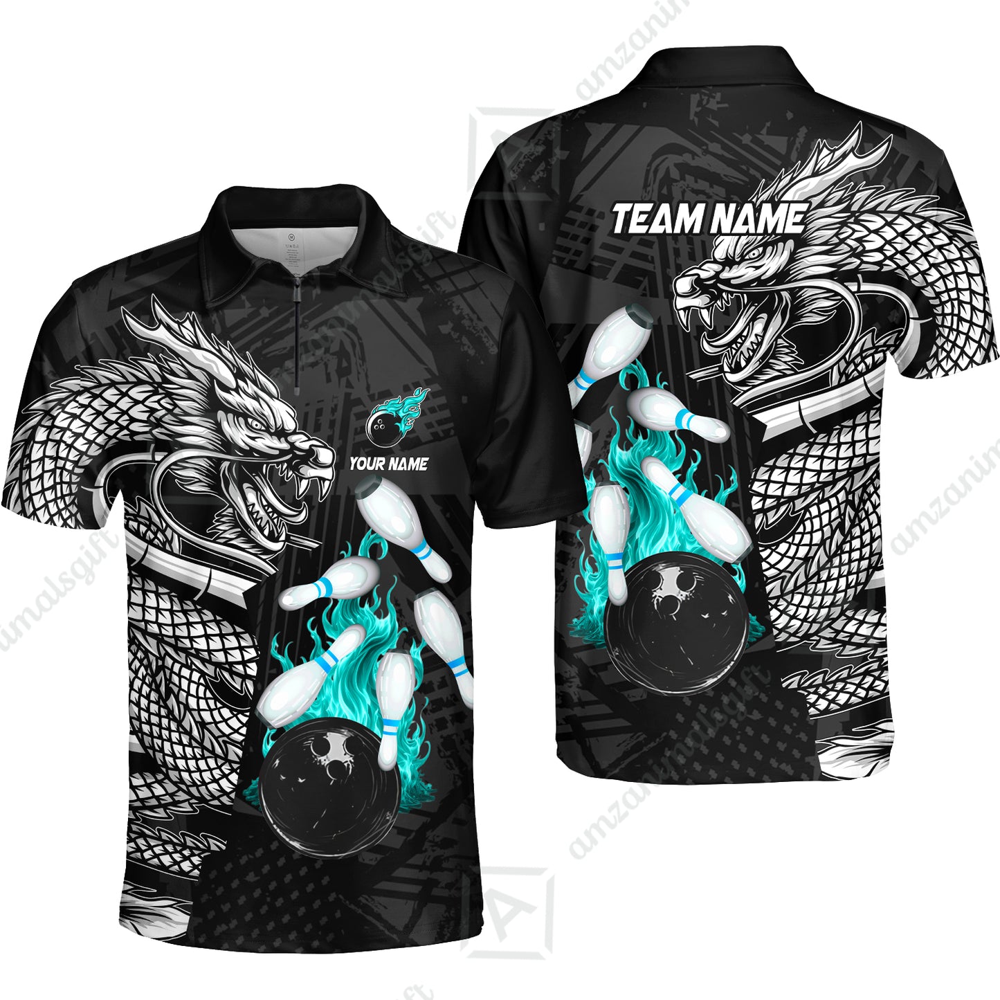 Custom Bowling Team Jerseys Polo Shirts, Bowling uniforms Bowling & Pins Dragon Flame Fire Multicolor Options Personalized Name And Team Name
