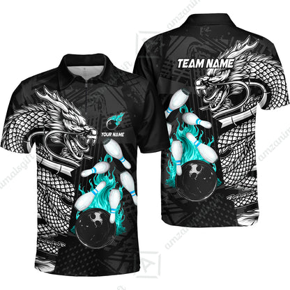 Custom Bowling Team Jerseys Polo Shirts, Bowling uniforms Bowling & Pins Dragon Flame Fire Multicolor Options Personalized Name And Team Name