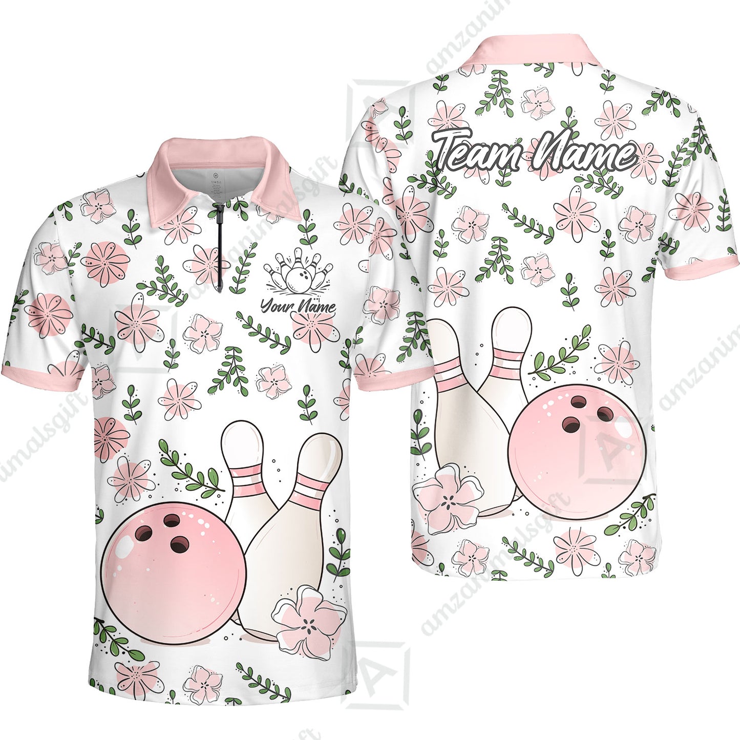 Custom Bowling Jersey Polo Shirt, Pink Floral Bowling, Custom Bowling Jersey Team Shirt For Players With Name & Team Name