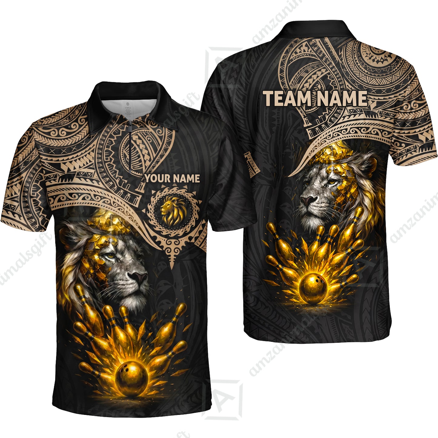 Custom Bowling Jersey Polo Shirt, Regal Golden Tribal Lion, Custom Bowling Jersey Team Shirt For Players With Name and Team Name