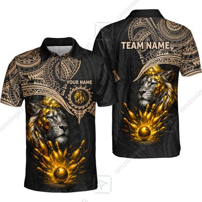 Custom Bowling Jersey Polo Shirt, Regal Golden Tribal Lion, Custom Bowling Jersey Team Shirt For Players With Name and Team Name