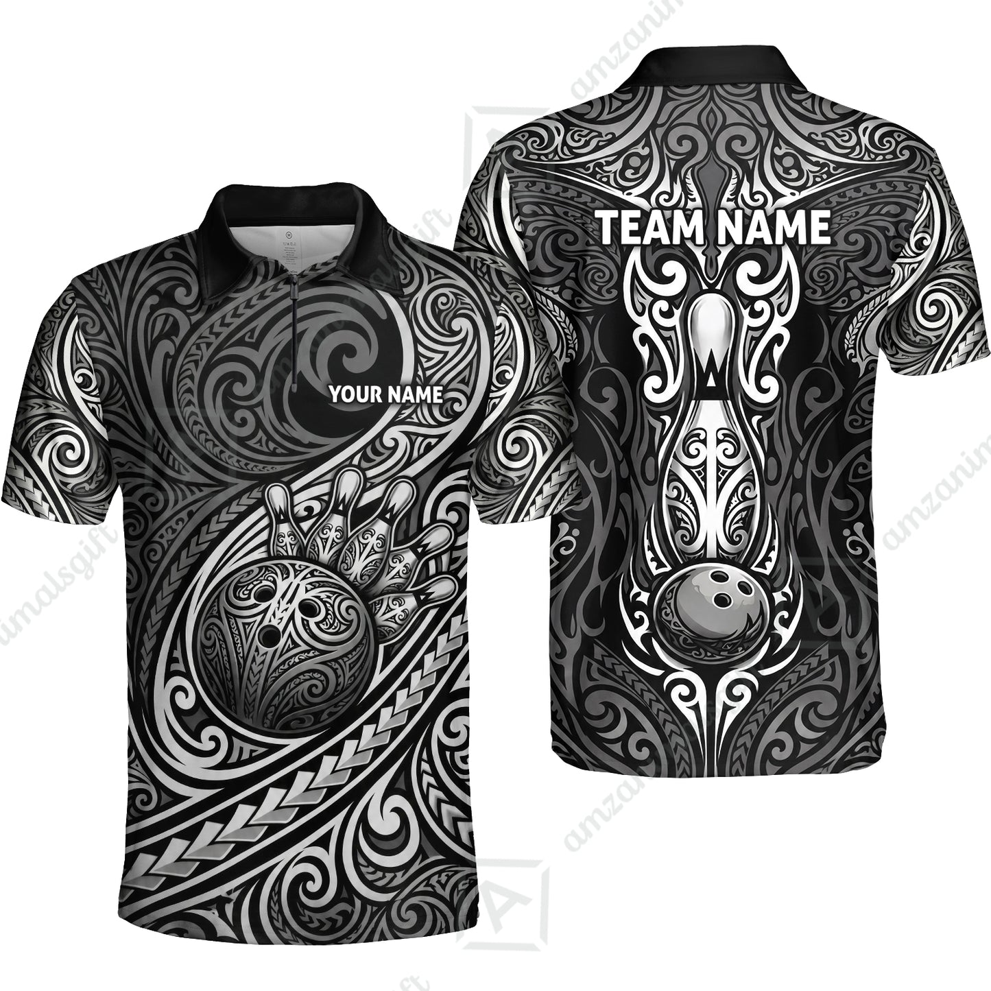 Custom Bowling Jersey Polo Shirt, Intricate Monochrome Tribal Spirit Bowling, Custom Bowling Jersey Team Shirt For Players With Name and Team Name
