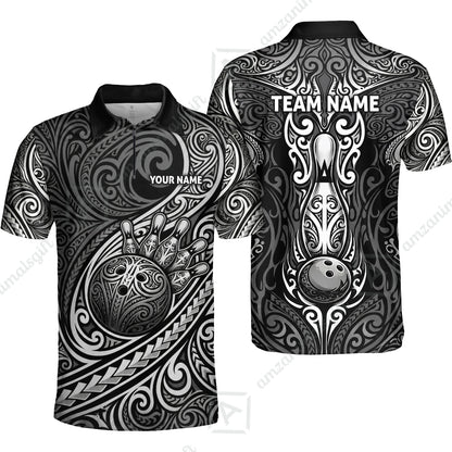 Custom Bowling Jersey Polo Shirt, Intricate Monochrome Tribal Spirit Bowling, Custom Bowling Jersey Team Shirt For Players With Name and Team Name