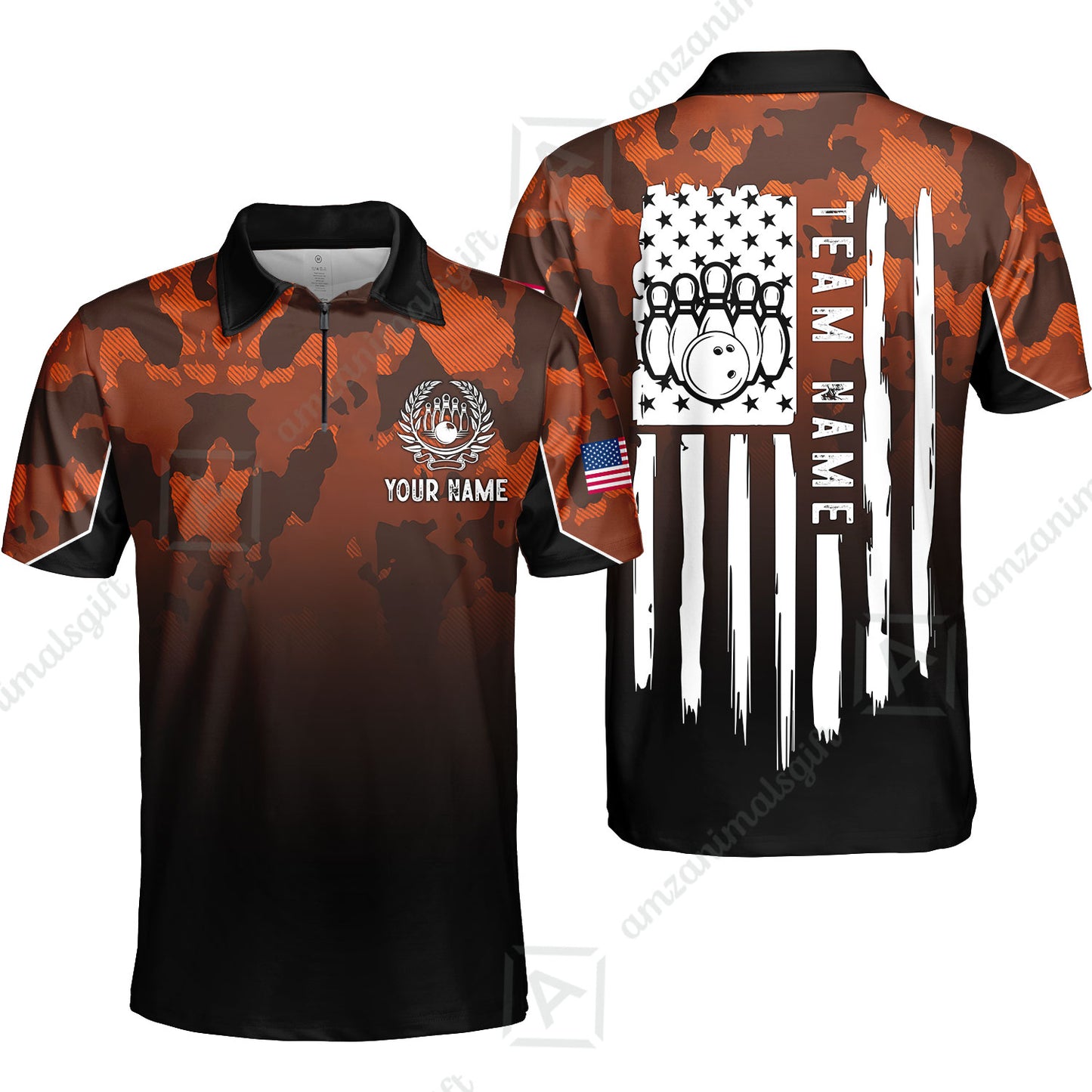 Custom Bowling Jersey Polo Shirt, Tactical Camo Patriotic Flag, Custom Bowling Jersey Team Shirt For Players With Name and Team Name