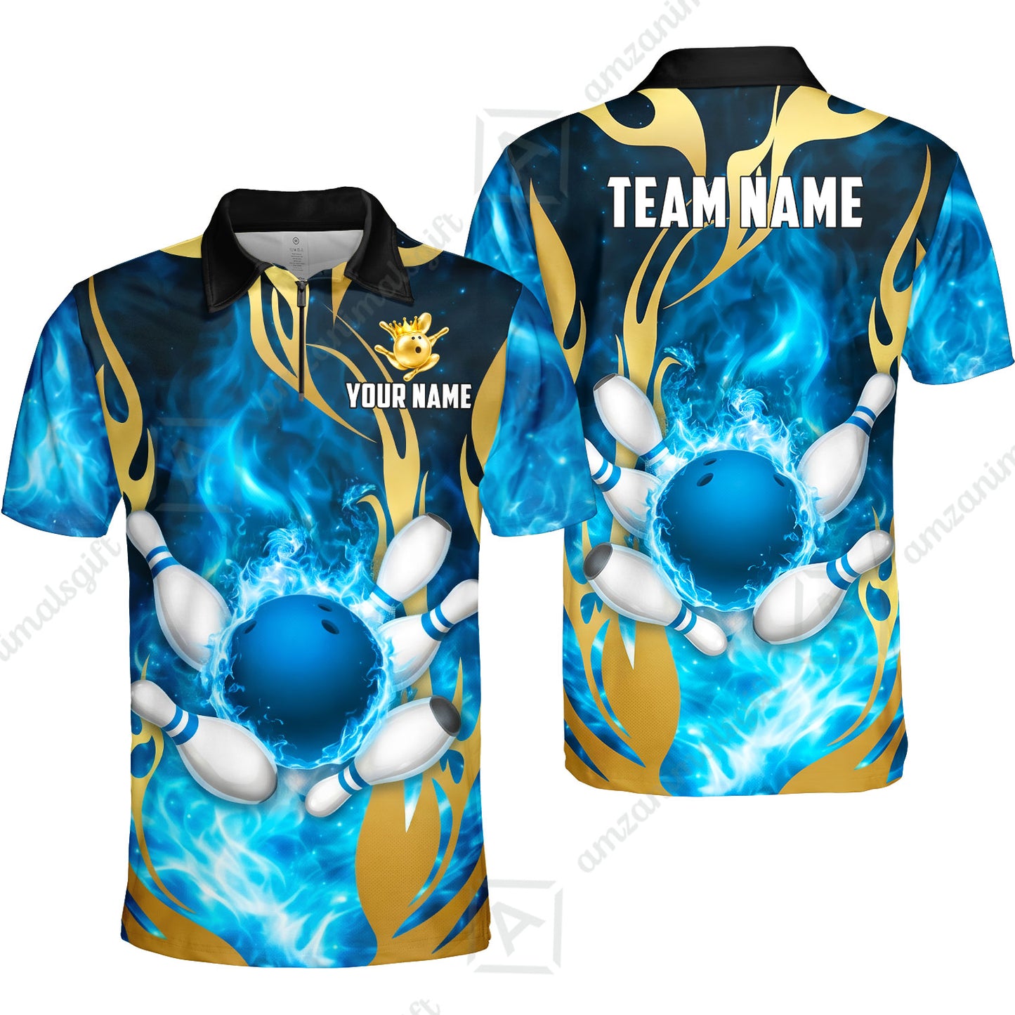 Custom Bowling Jersey Polo Shirt, Abyssal Fire & Golden Flames, Custom Bowling Jersey Team Shirt For Players With Name & Team Name