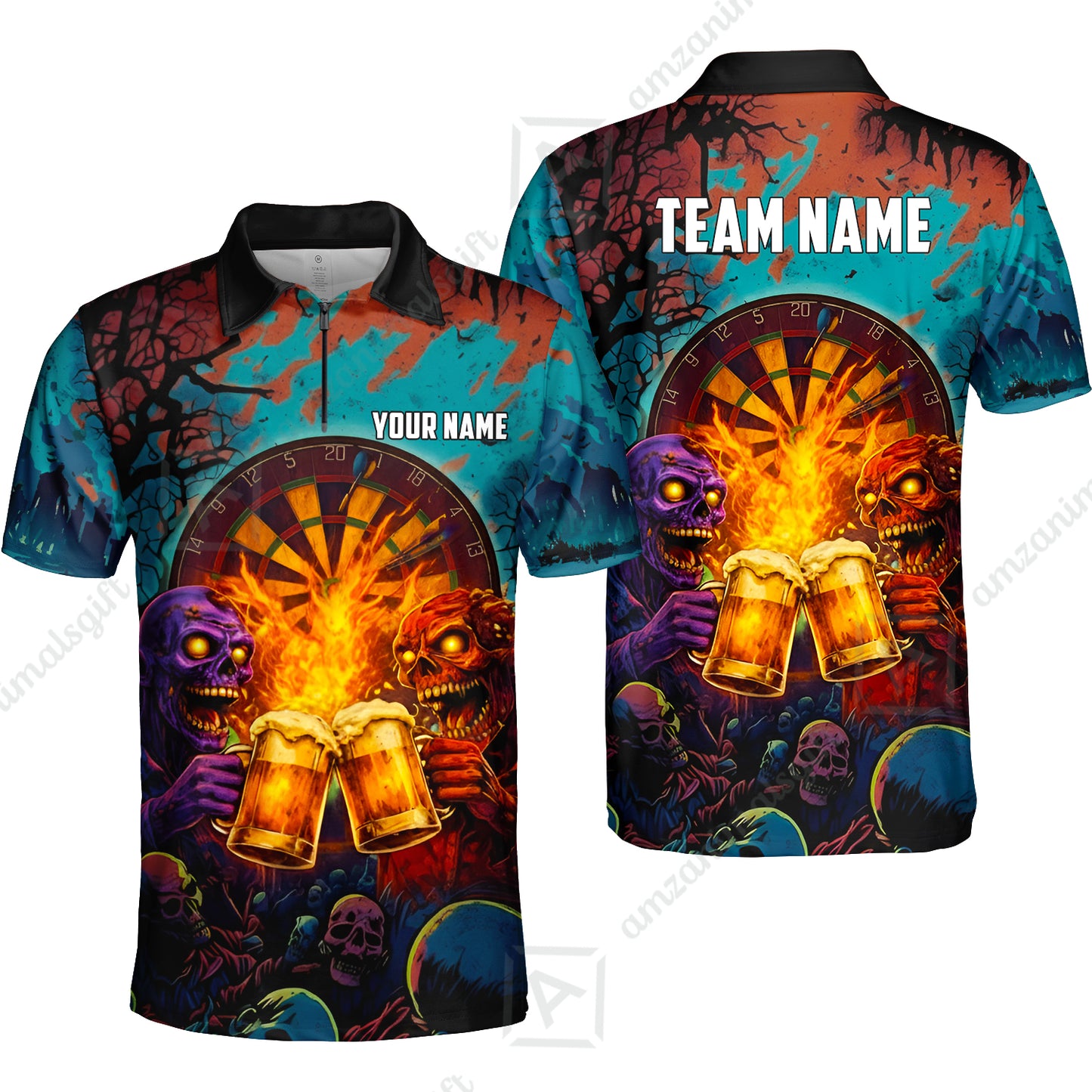 Custom Darts Team Jersey, Personalized Halloween Skull Beer Darts Polo Shirt For Players With Name & Team Name