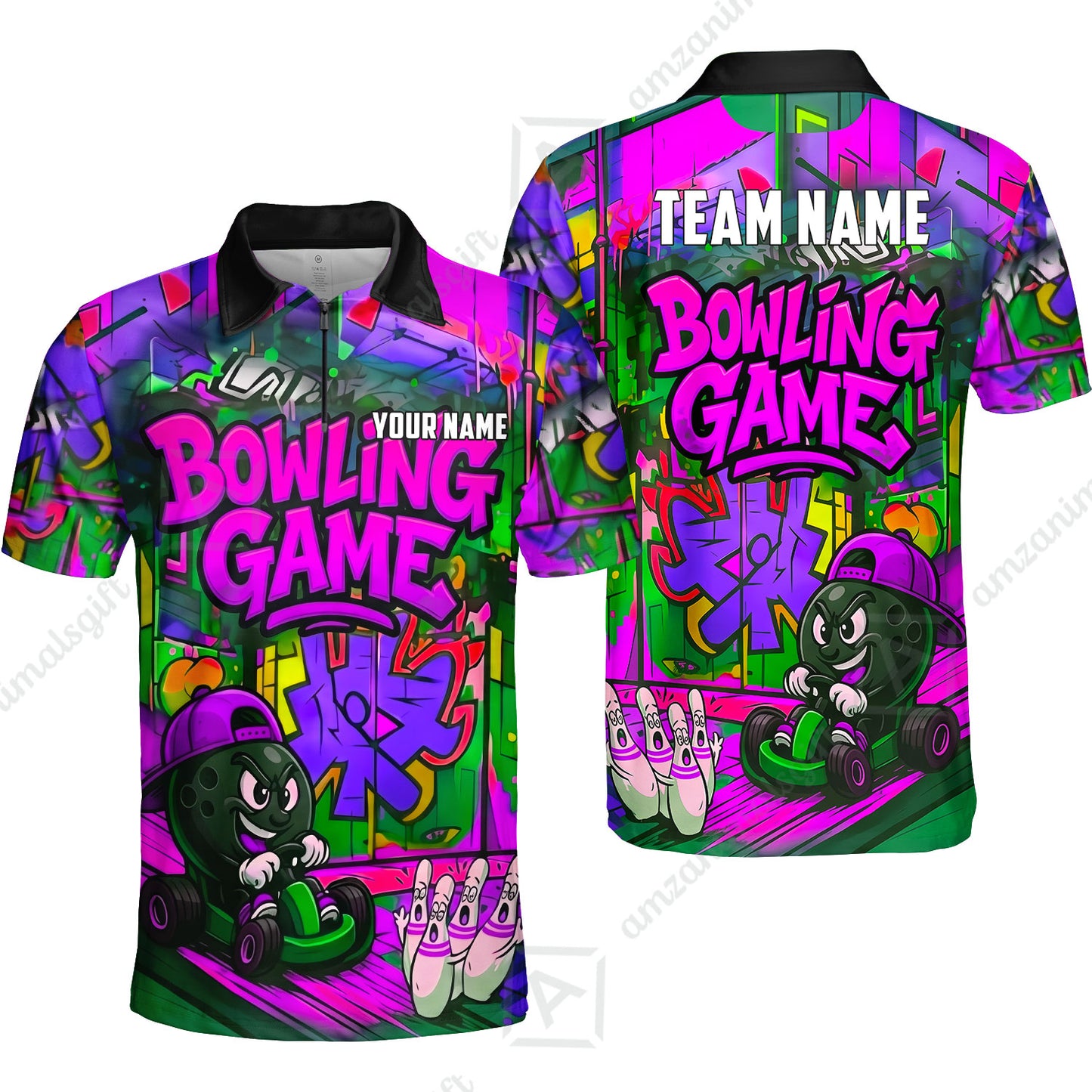 Custom Bowling Jersey Polo Shirt, Street Graffiti Go Kart Ball, Custom Bowling Jersey Team Shirt For Players With Name and Team Name