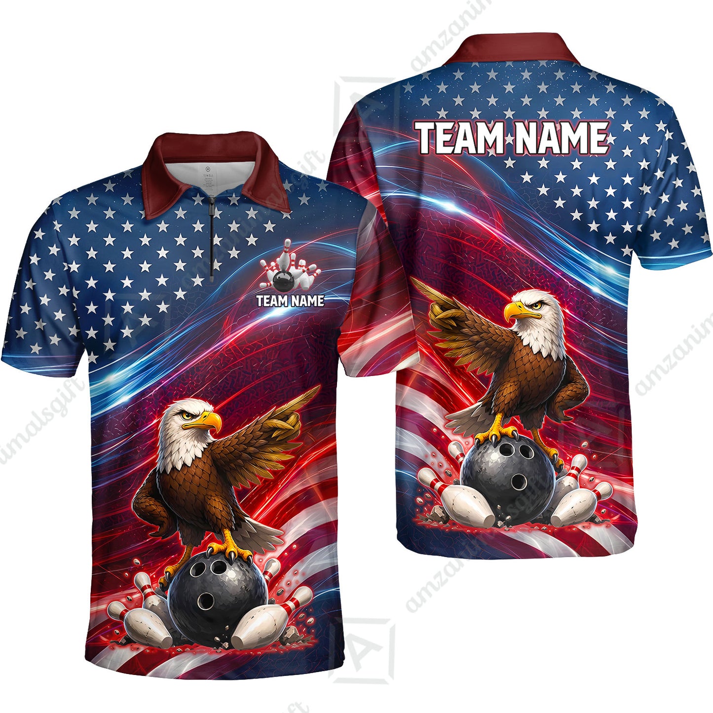 Custom Bowling Jersey Polo Shirt, Eagle Bowling Flag America Thunder Wave, Custom Bowling Jersey Team Shirt For Players With Name and Team Name